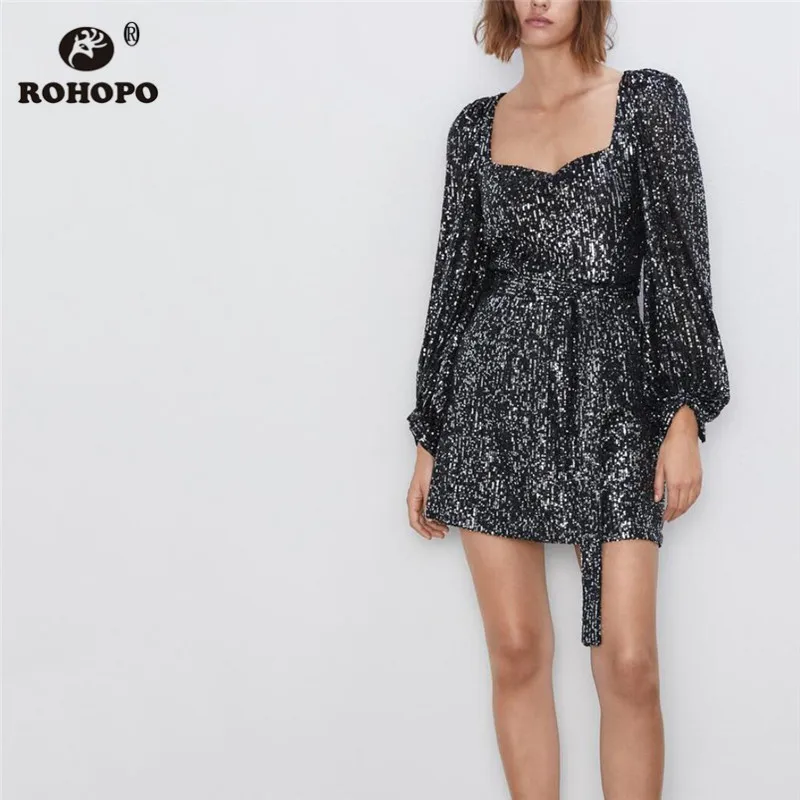 

ROHOPO Square Collar Lanter Long Sleeve Sequined Shine Party Dress Waistband Neck back Welted Zipper Straight Mini Vestido #9337