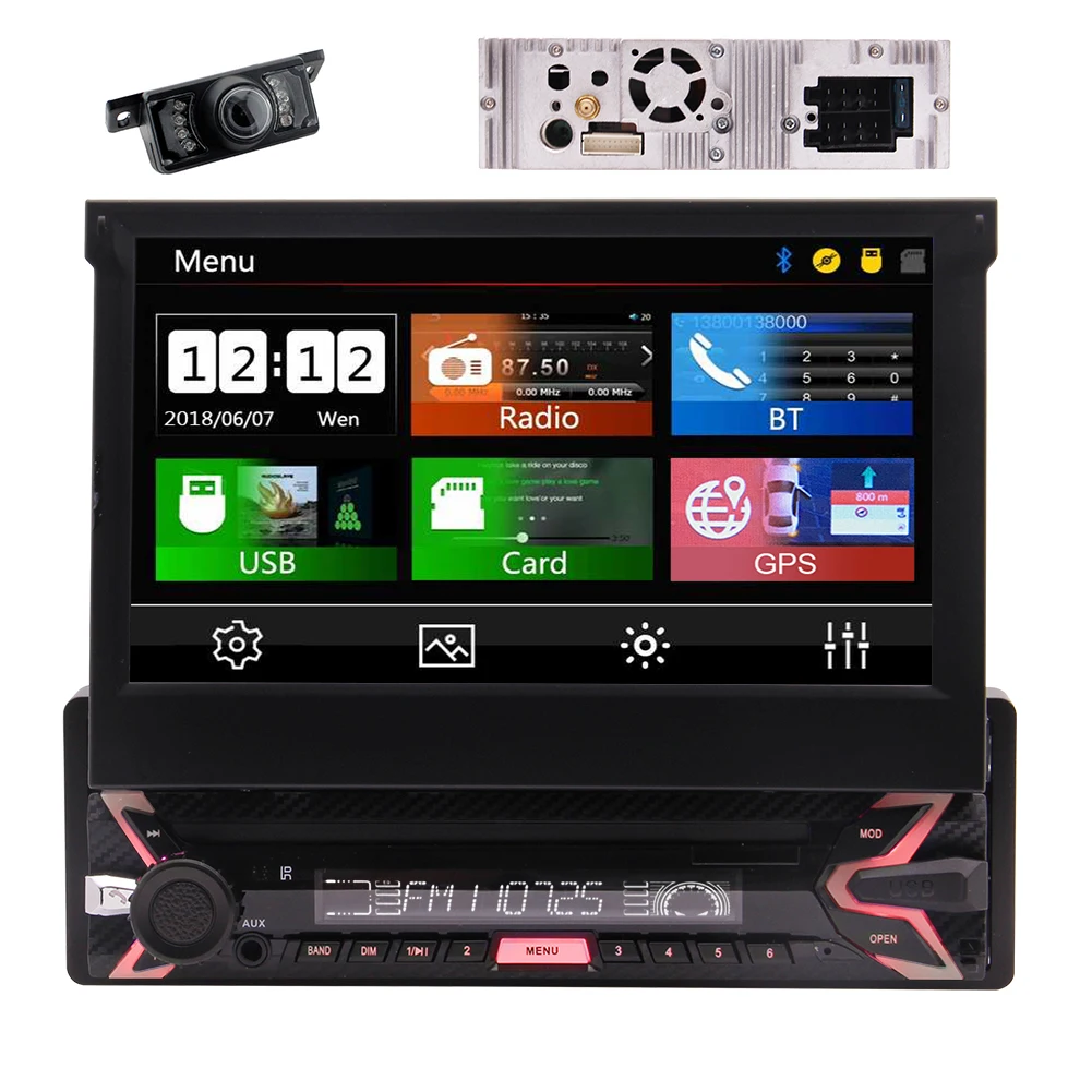 

Rear Camera + Single Din Car Stereo 1 Din Digital Multimedia Player Car Radio GPS Navigation with 7" Touch Screen BT USB AUX TF