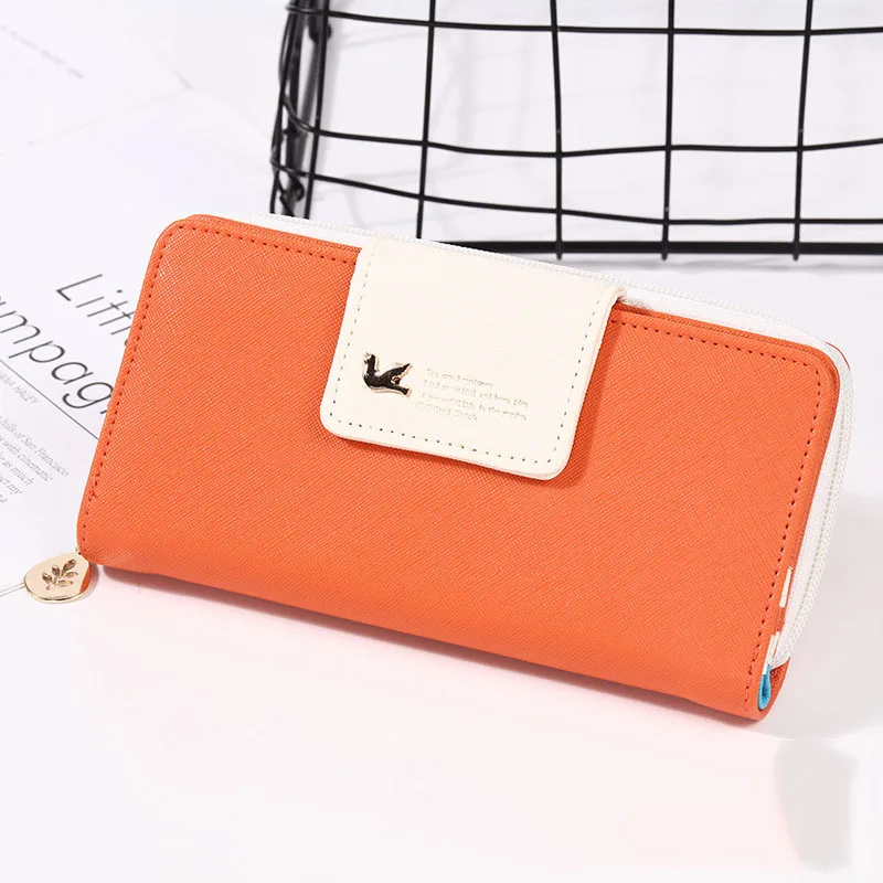 Orange Модные кожаные женские кошельки, Длинный кошелек на молнии, пэчворк, для монет, Женский кошелек с птицей, на застежке, держатель для карт, клатч, сумка для денег, телефона - Цвет: Orange
