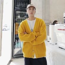 Мужской кардиган, теплый, модный, однотонный, Повседневный, v-образный вырез, мужской вязаный свитер, мужской уличная, свободный, длинный рукав, свитер, мужская одежда