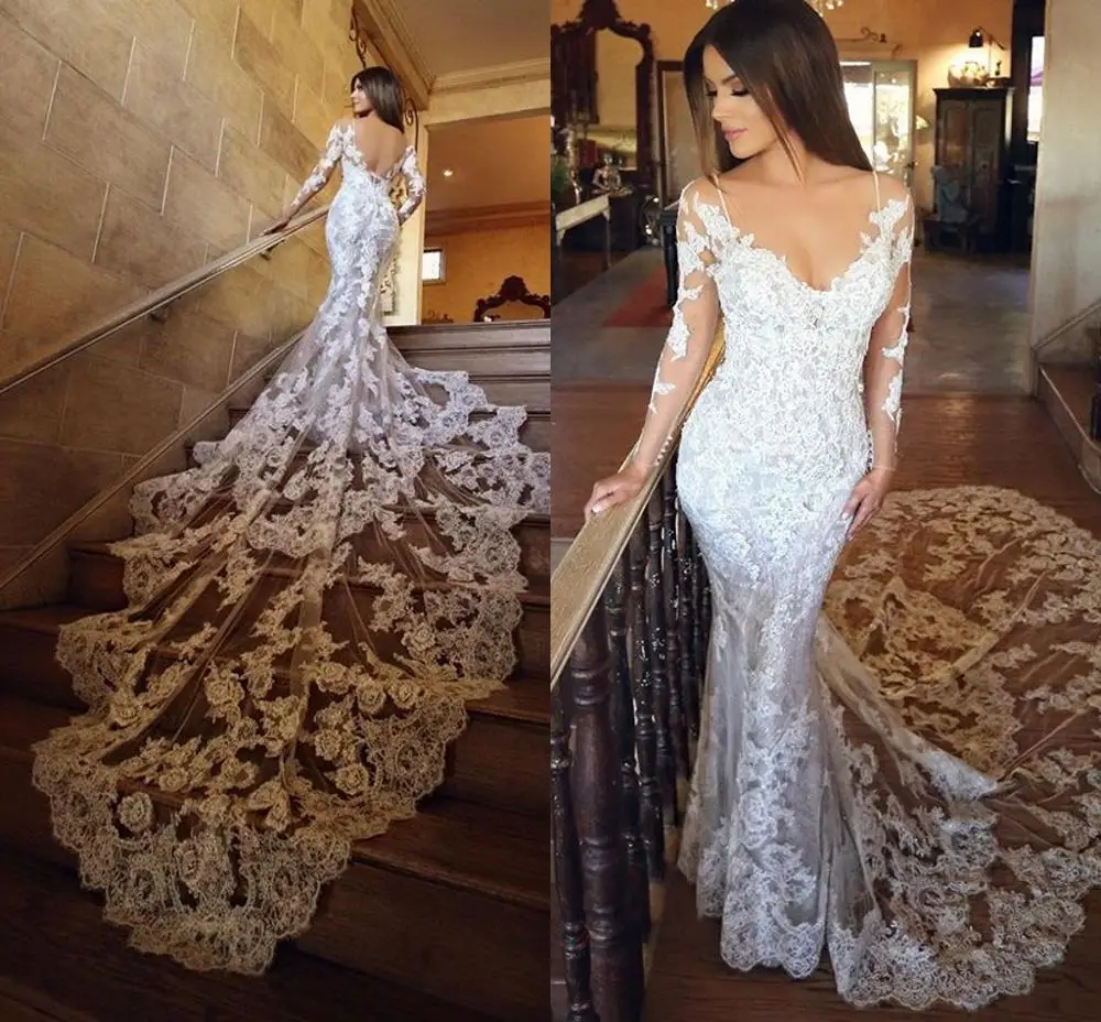 2020 Vestidos De Novia Sirena Sin Espalda De Lujo Encaje Aplique Ilusion Mangas Trompeta Larga Jardin Playa Novia Vestido De Novia Vestidos De Novia Aliexpress