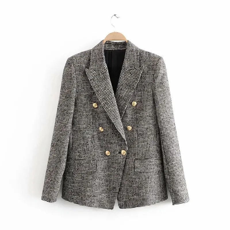 Autumn Winter Vintage Plaid Tweed Blazers Women Gold Button Doulbe Breasted Jacket Coat Female Outwear Office Lady Blazer Mujer