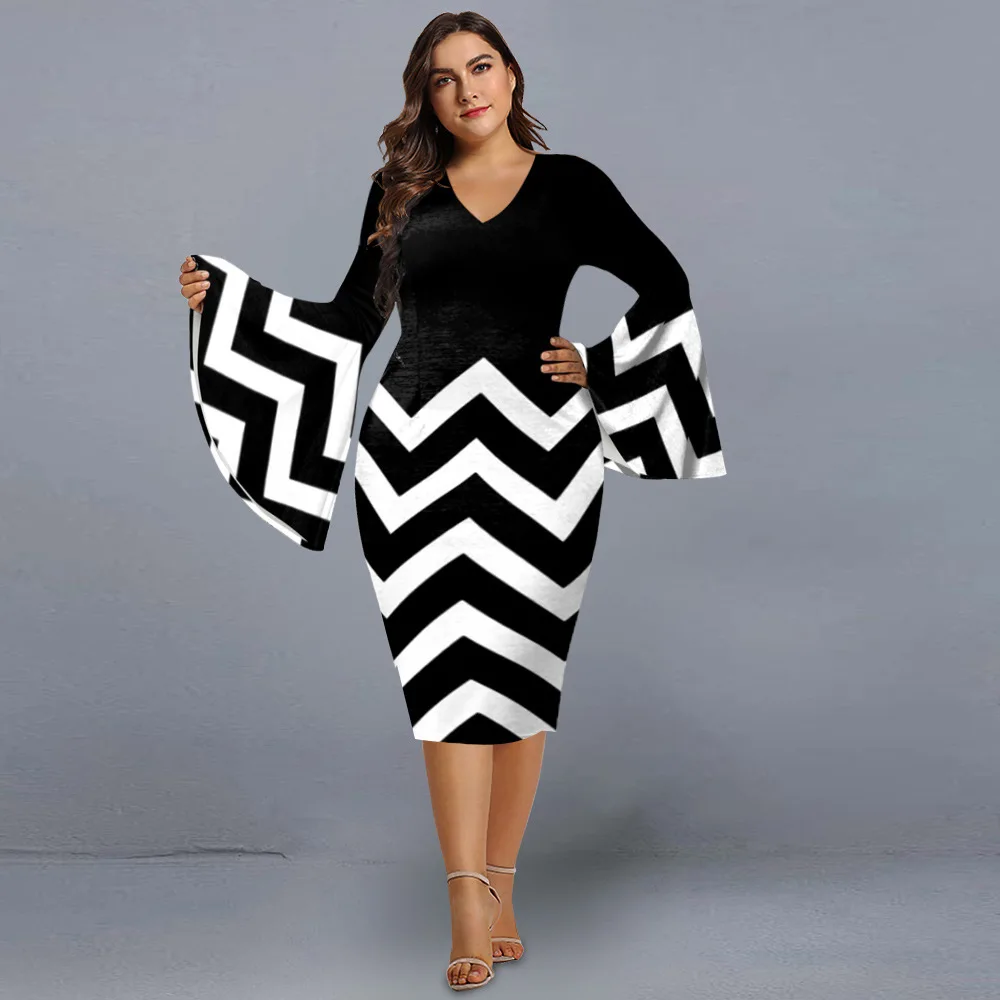 

Plus Size Dresses for 2022 Elegant Geometric Print Evening Party Dress V Neck Flare Sleeve Club Outfits Women's Clothing