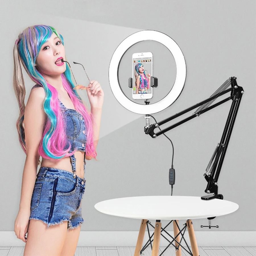 Günstig MAMEN Dimmbare 26cm Selfie ring licht Led Video Studio Fotografie Beleuchtung Mit Lange Arm Desktop Tisch Telefon Halter Für youtube