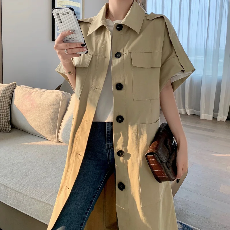 Fox Mrs. Early Autumn Vintage Khaki Single Breasted Short Sleeve Trench Coat Elegant Loose-Fit Middle Long Coat Women's