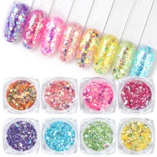 8 шт голографический смешанный карамельный цвет ногтей блестки Нерегулярные шестиугольные чешуйки блестки ногтей Пыль порошок для гель блестки украшения JI1506-02