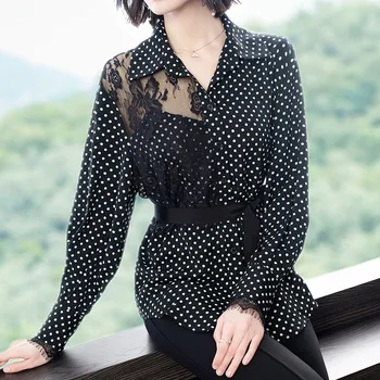 

New 2020 Womens Spring New Black And White Elegant Polka Dot Shirt Female Office Formal Sexy Lace Patchwork Blouse With Sashes
