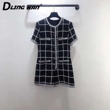 

LINGHAN High quality Tweed Plaid Playsuits Fashion Button Short sleeve black Slim Jumpsuits + Silk lining Designer New