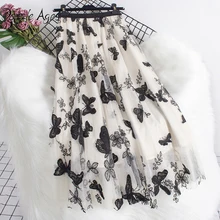 

Dazzle Ages New Fashion High Waist Women Long Skirt Butterfly Embroidery Mesh A Line Casual Aesthetic Elegant Female Clothes