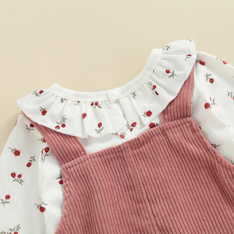 Infant Baby Girls Suit Spring Autumn Long Sleeve Floral Printed Romper Tops + Solid Color Ruffled Dress
