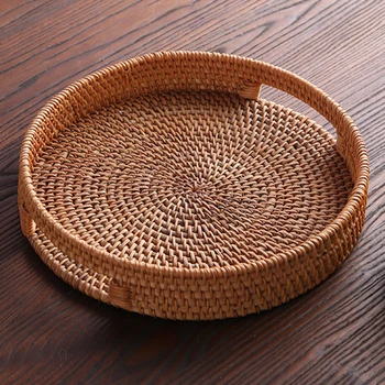 

Practical Rattan Handwoven Round Severing Tray Food Storage Platters With Handles For Breakfast Drinks Snack Coffee Tea Kitchen