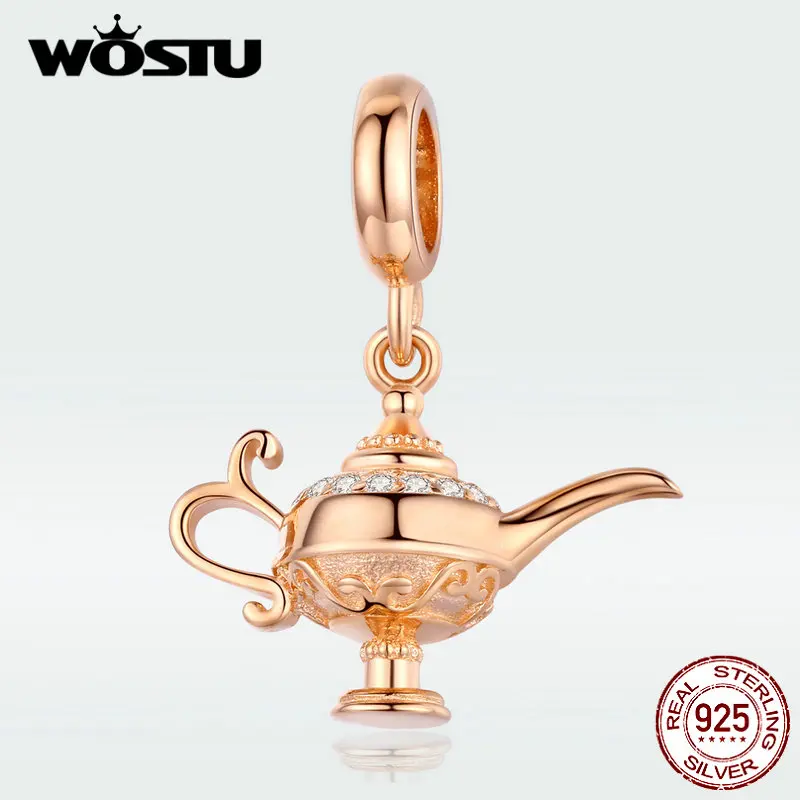 WOSTU, настоящая 925 пробы, серебряная Лампа Аладдина, шарм, розовое золото, бусины, подходят к оригинальному браслету, кулон, счастливое желание, ювелирное изделие, FIC703-C