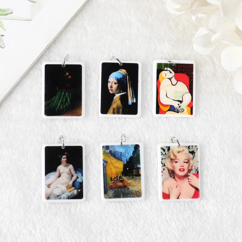 

12Pcs 34*25MM World Famous Paintings Charms Acrylic Picasso Pictures Marilyn Monroe Jewelry Findings Pendants Earrings Diy