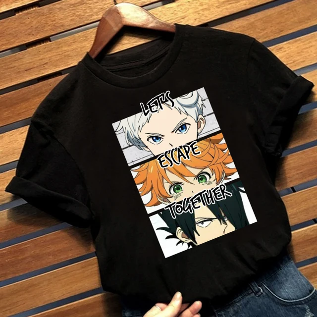 A Terra do Nunca Prometida masculina imprime camiseta, camiseta unissex,  anime japonês fofo, Emma, Norman, Ray