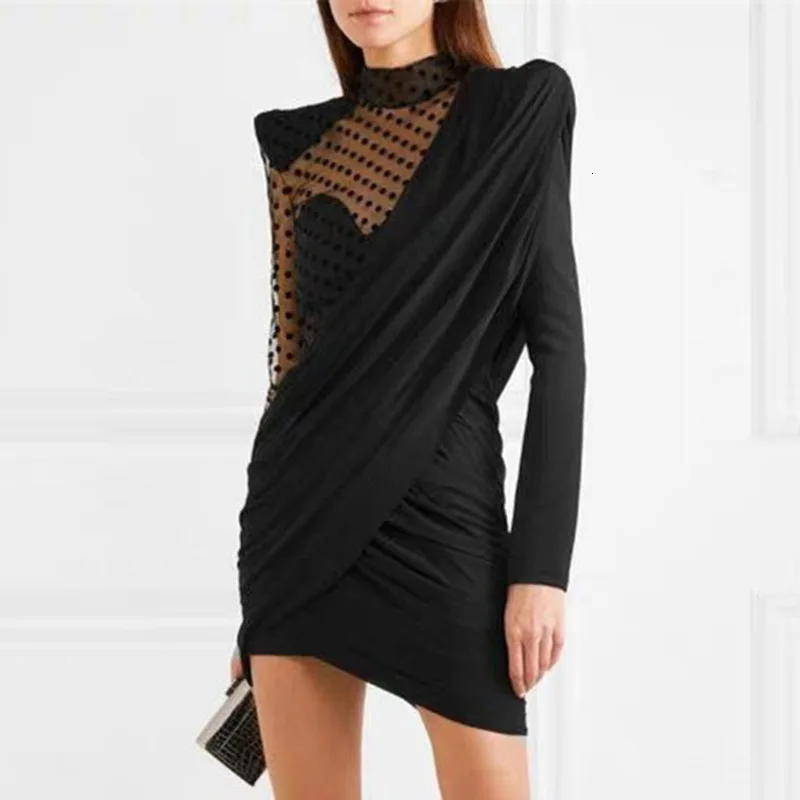 Весеннее сексуальное черное Сетчатое платье в горошек для женщин элегантное ДРАПИРОВАННОЕ мини-платье трапециевидной формы с длинным рукавом