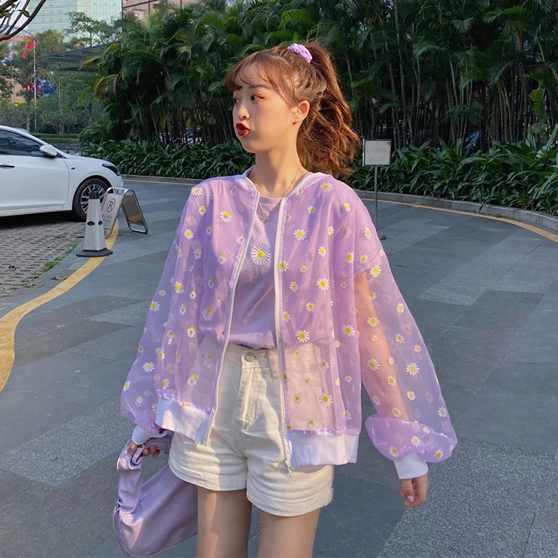 2020 New Korean Style Loose Flower Printed Thin Jacket Sunscreen Women Long Sleeve Casual Sunscreen Jacket Veste Femme