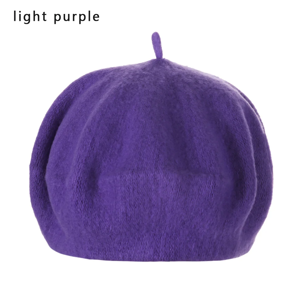 light purple Шерстяные береты, шапки для женщин, зимняя французская шапка для девочек, одноцветная модная Осенняя зимняя беретка, шапка для женщин, плоская кепка, шапка, фетровые береты - Цвет: light purple