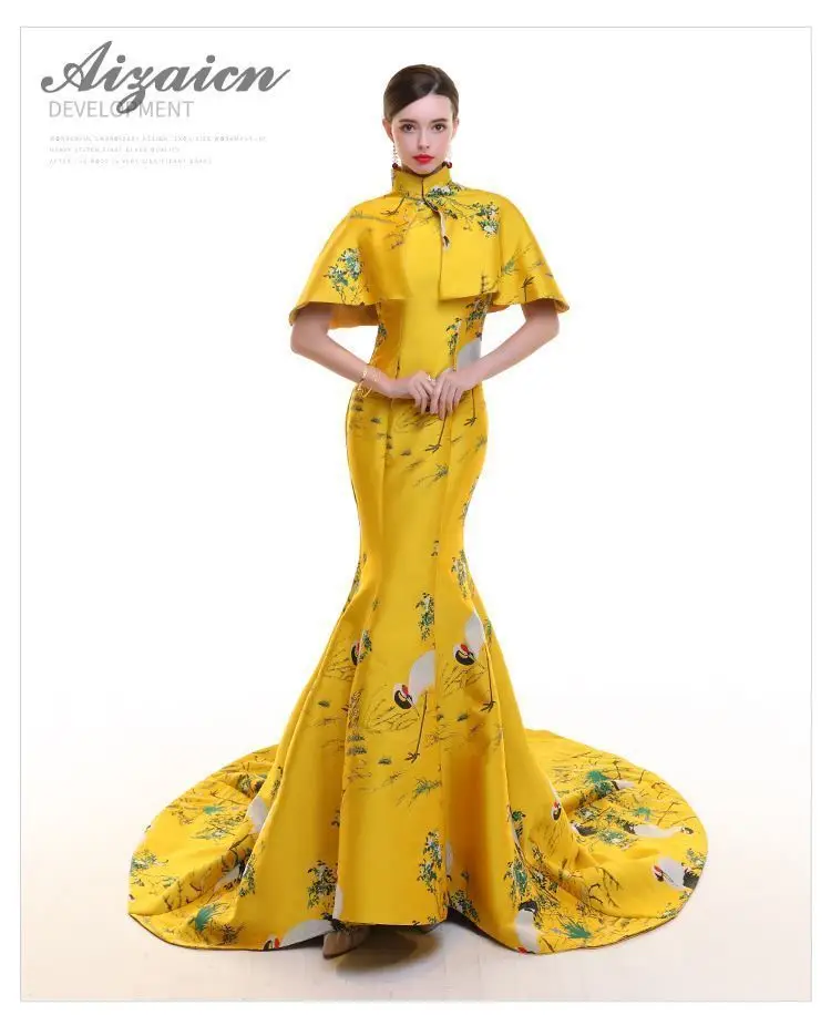 Роскошные со шлейфом в традиционном китайском стиле Cheongsam долго Qipao Для женщин цветочный вечернее платье Неделя моды сценического шоу с