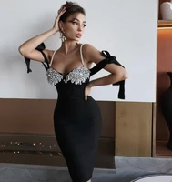New Women Summer Sexy Backless Pearl Diamonds Crystal Black Mini Bodycon Bandage Dress 2021 Elegant Evening Party Dress Vestido