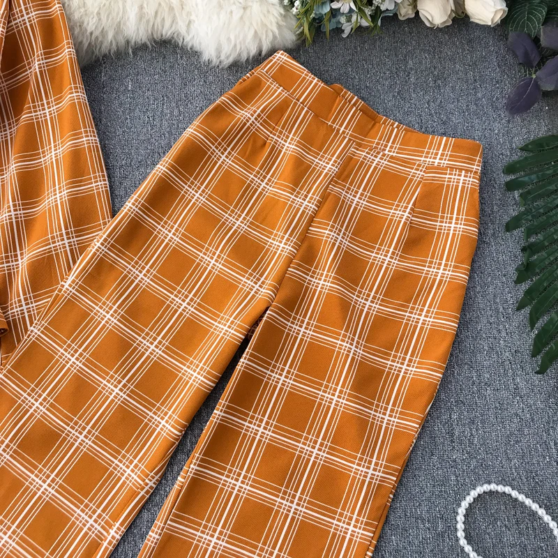 Neploe Temperament Office Work Style 2 Pcs Women Set Slim Waist Plaid Irregular Blazer+ High Waist Hip Horn Trousers Autumn47334