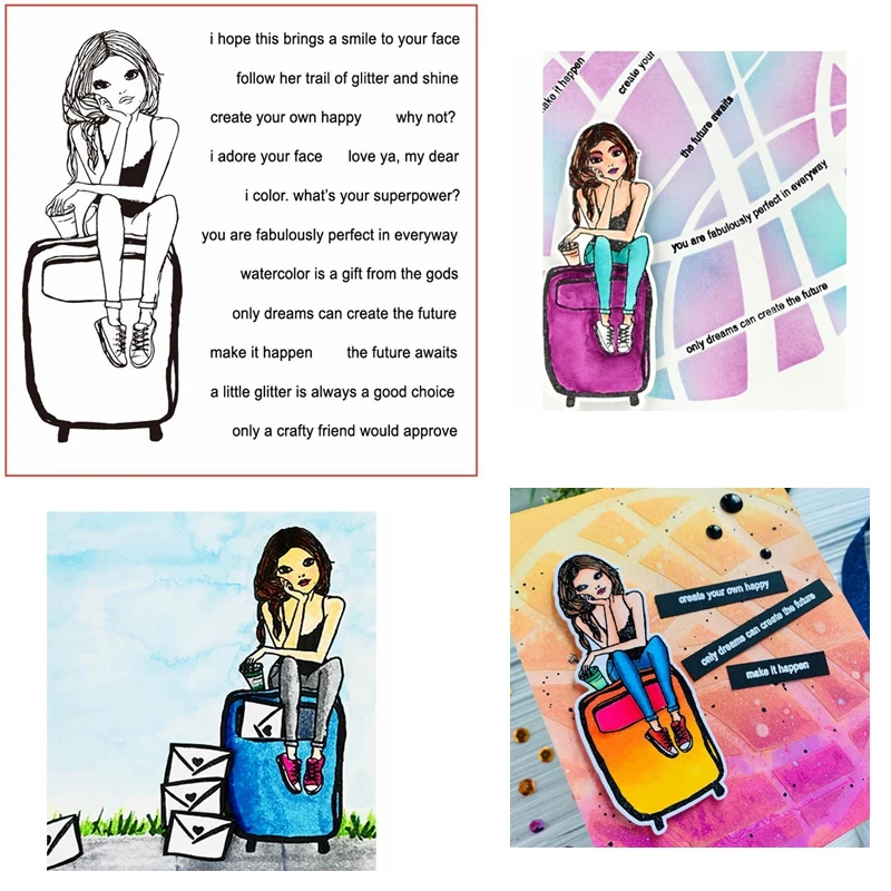 

Girl Sitting On Suitcase&Blessed Phrases Clear Stamps For DIY Card Making Kids Transparent Silicone Stamp New 2019