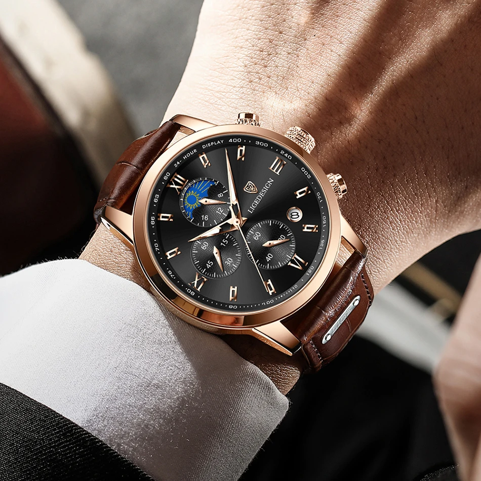 Quartz Watches cheap Relogio Masculino LIGE Watch for Men Watches Brand Luxury Moon Phase Chronograph Leather Waterproof Quartz Wristwatch Male Clock Quartz Watches for kid