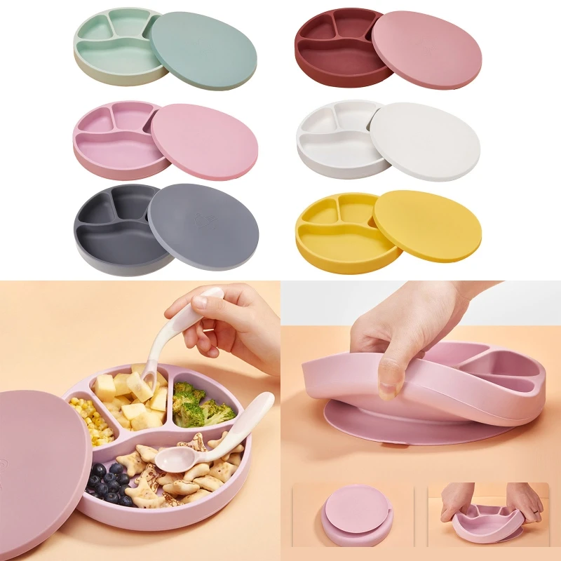 Ensemble De Vaisselle Anti Chute En Silicone Pour Bebe Ventouse Assiette A Diner Bol Avec Couvercle Petites Cloisons Aliexpress