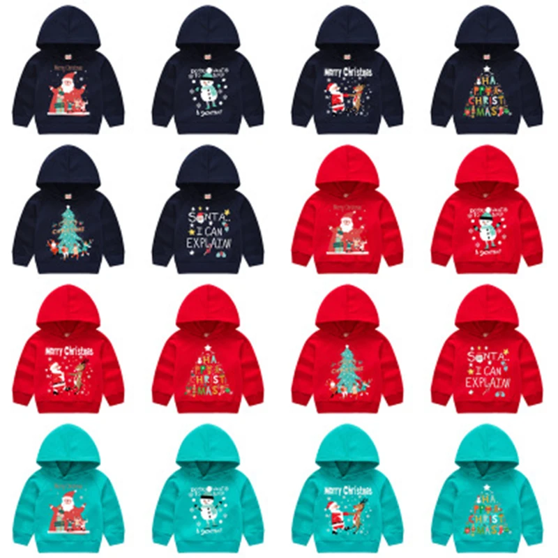 Children Winter Clothes Baby Christmas Costume Boys And Girls Cartoon Printing Hooded Sweatshirt Kids Casual Cotton Long Sleeves