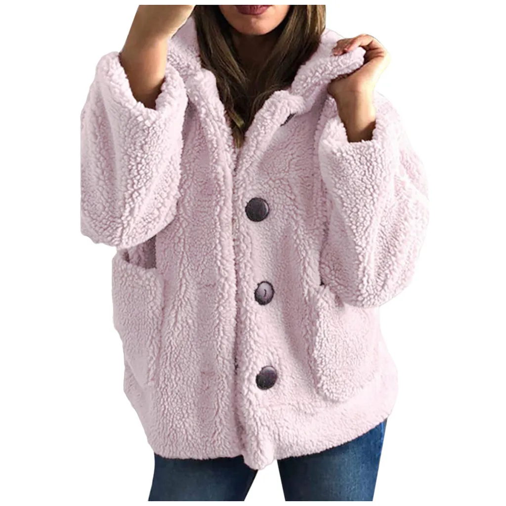 Женское пальто из искусственного меха, теплое, на пуговицах, с карманами, Фланелевое, с длинным рукавом, пальто, Зимний пуловер, пальто, верхняя одежда, chaquetas mujer, пальто#30 - Цвет: Розовый