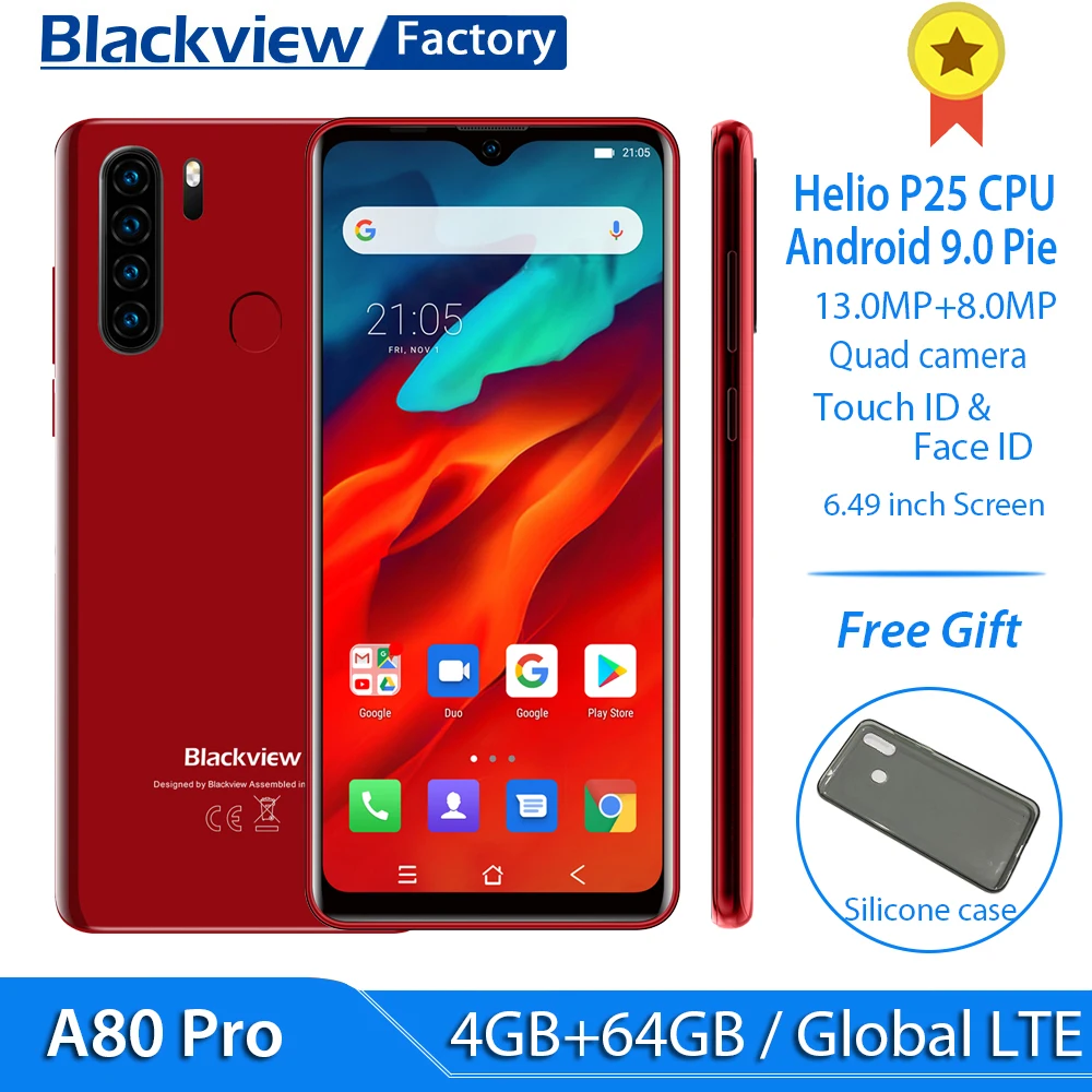 Смартфон Blackview A80 Pro 4G LTE 4 Гб + 64 ГБ камеры заднего вида Восьмиядерный мобильный