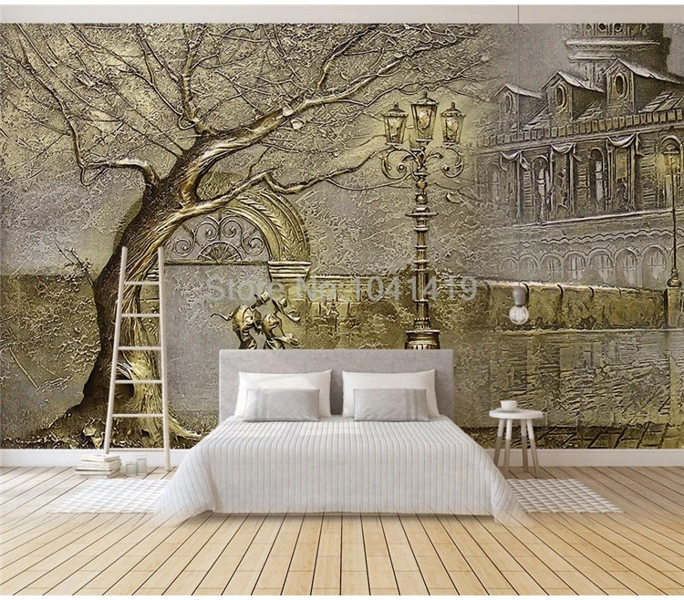 Пользовательские Настенные обои Европейский Стиль 3D стерео Золотой дерево уличный вид рисунок Фреска гостиная спальня Роскошный декор обои