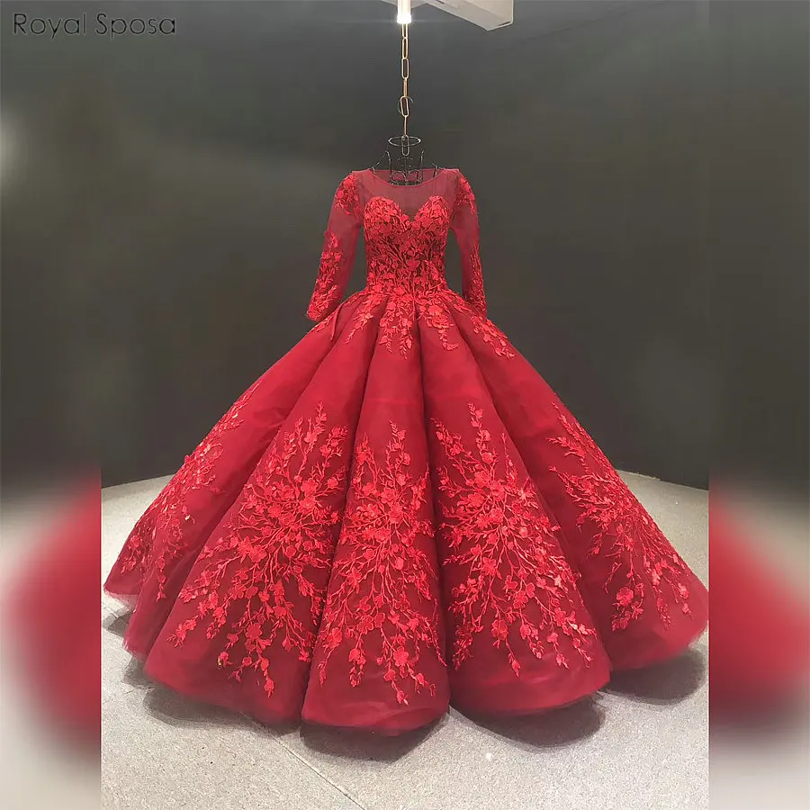 Красивое кружевное красное свадебное платье с длинными рукавами элегантное бальное платье свадебное платье