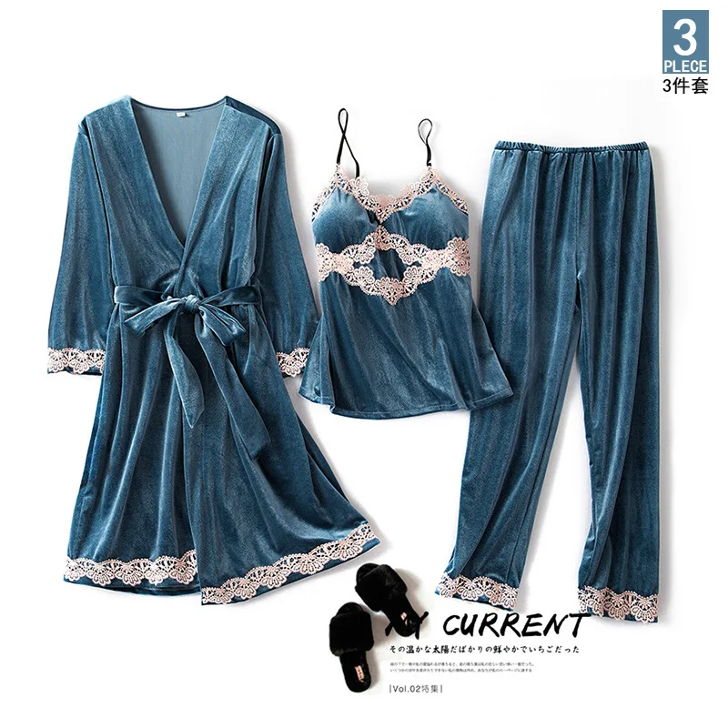 Bride Bridesmaid Wedding Robe Dressing Gown Lady Velvet Kimono Bathrobe Sexy Lace Pajamas Set Women 3PCS Pyjamas Suit | Женская одежда
