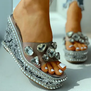 

brand new 2020 Rhinestones rivets clear platform high heels leisure slipper women's wedges sandals summer shoes woman