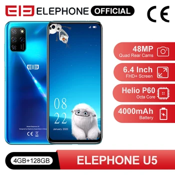 New ELEPHONE U5 4GB 128GB Smartphone 48MP Quad Rear Cameras 6.4'' FHD+ Screen Helio P60 Octa Core 4000mAh Android 10.0 NFC