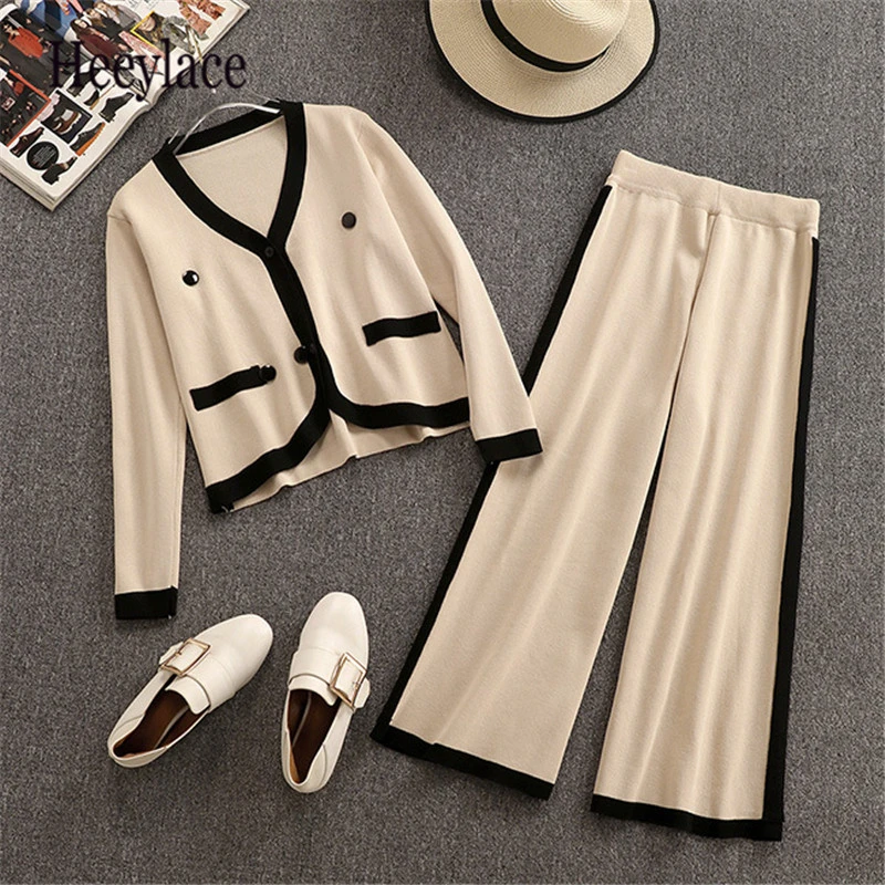 

Knit Striped Long Sleeve Buttons Cardigan Thin Sweaters Tops+elastic High Waist Wide Leg Knit Pants Women Autumn 2 Pieces Sets