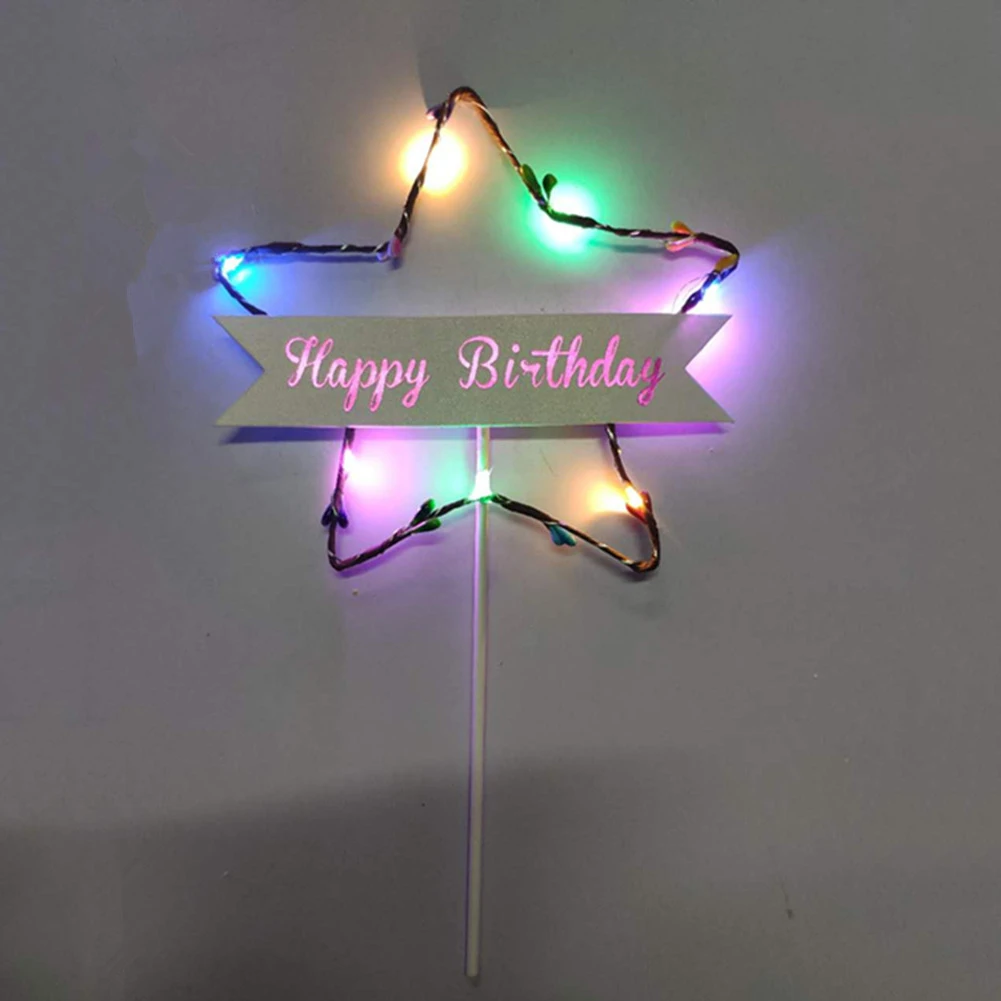 Etoile Forme Batterie Alimente Gateau Topper Lumiere Colore Led Cupcake Paillettes Table Carte Inserts Joyeux Anniversaire Cadeau Bricolage Drapeau Aliexpress