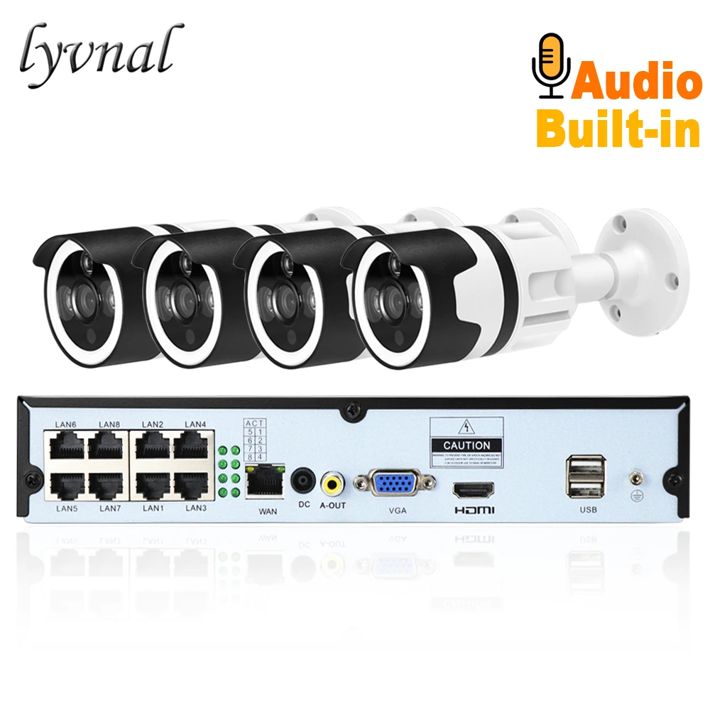 LYVNAL 4ch 720p ip-камера видеонаблюдения poe с аудио h.265 8ch 5mp 2mp poe nvr комплект p2p onvif 4ch poe Комплект plug and play