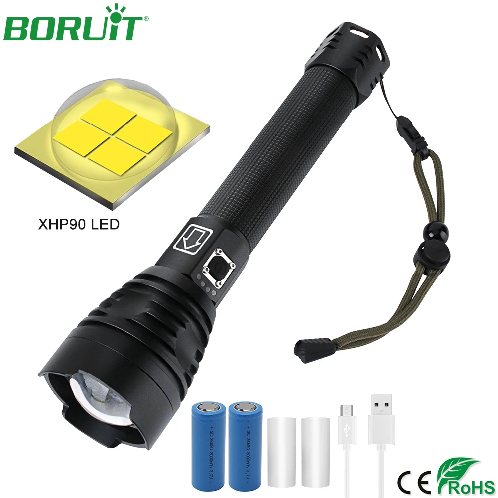

BORUiT Super Bright XHP90 LED Flashlight Zoomable Torch Light 18650 26650 USB Rechargeable Portable Camping Fishing Lantern Lamp