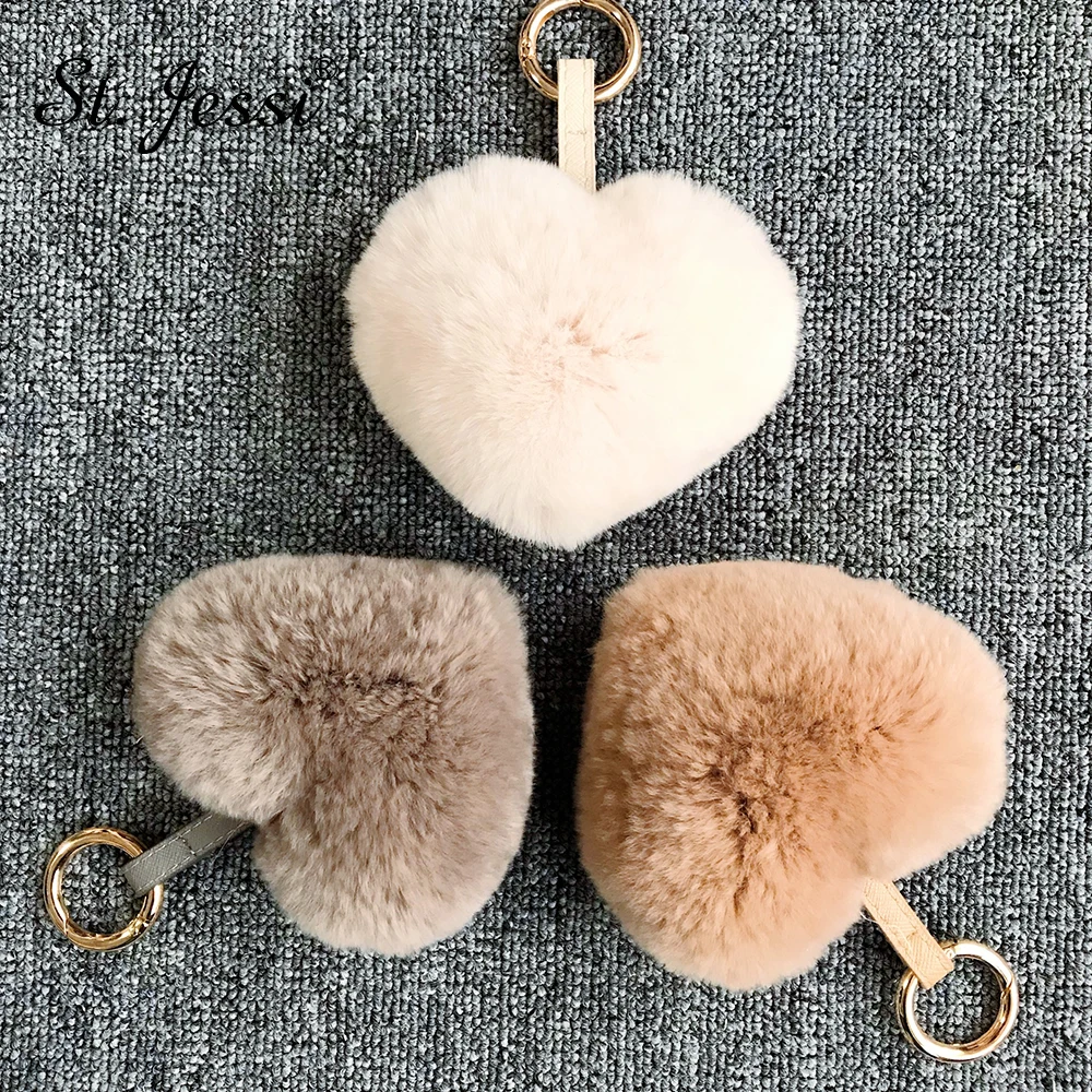 

10cm Cute Fluffy Heart Real Natural Rex Rabbit Fur Keychain Women's Pom Poms Girl's Bag Pendant Car Key Ring Jewelry Accessories