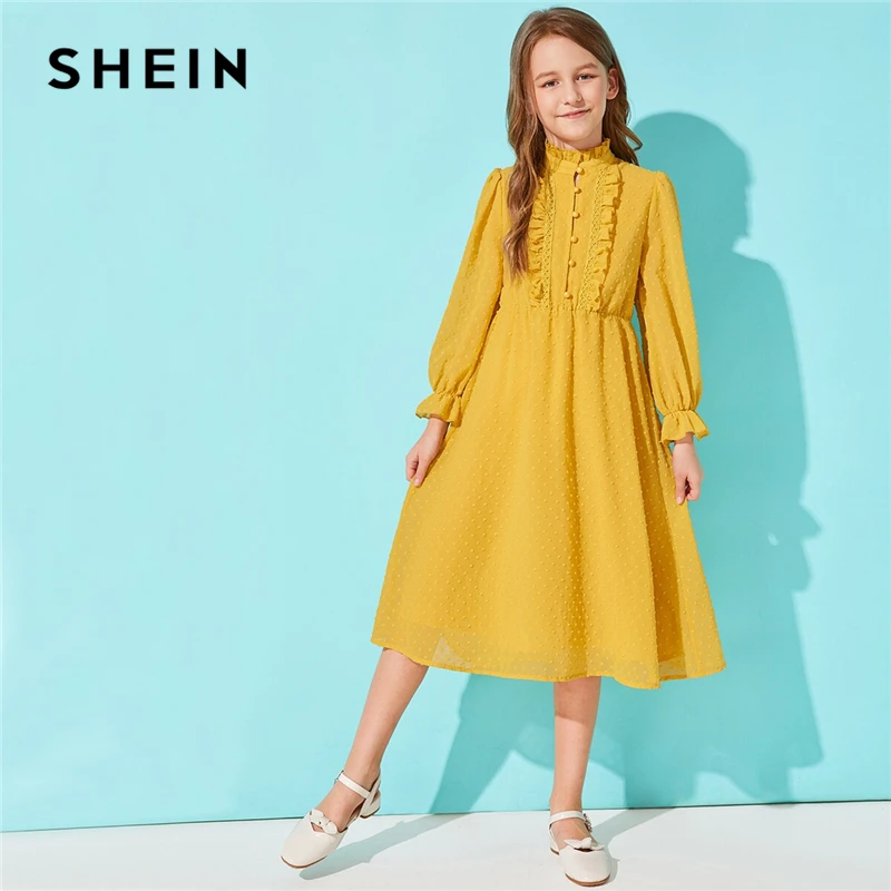 

SHEIN Kiddie Solid Stand Collar Frill Trim Button Front Girls Cute Dress 2019 Autumn Long Sleeve Swiss Dot Kids Midi Dresses