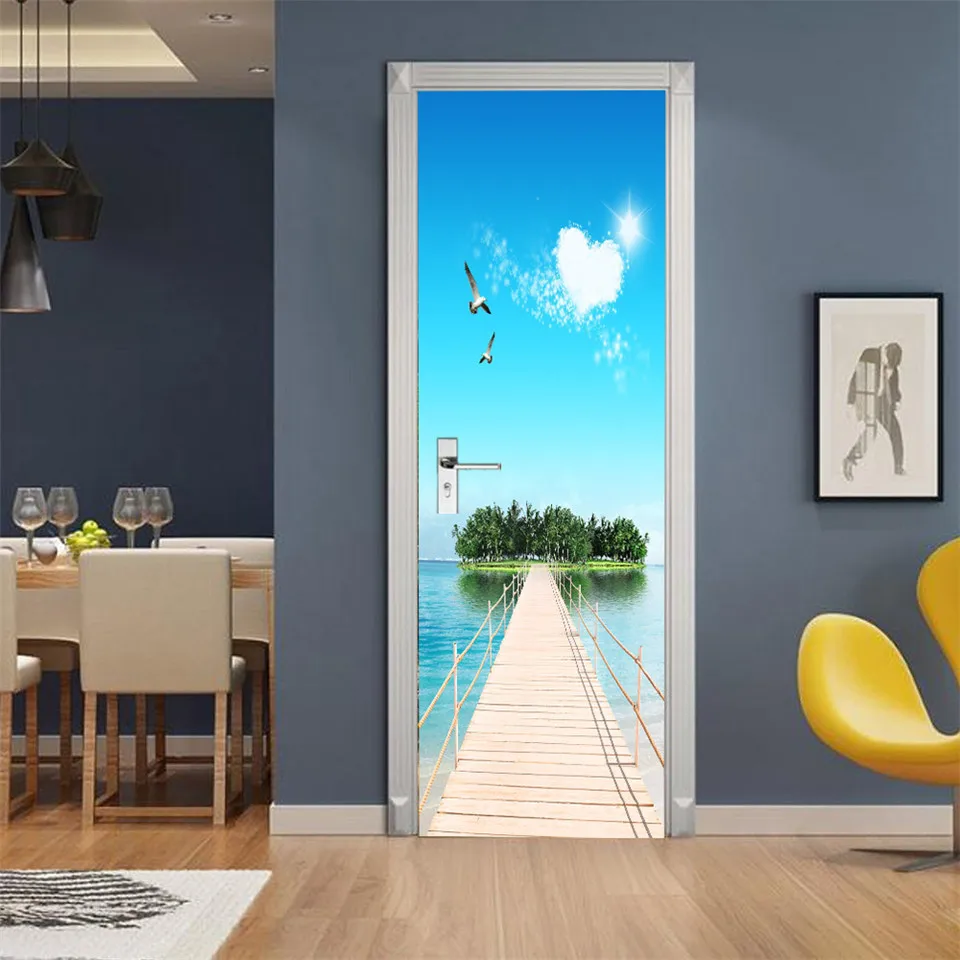 ورق حائط باب PVC ذاتي اللصق ، ملصق زخرفي ثلاثي الأبعاد للمنزل ، للشمس  والشاطئ ، ملصق منظر طبيعي ، ملصقات جدارية