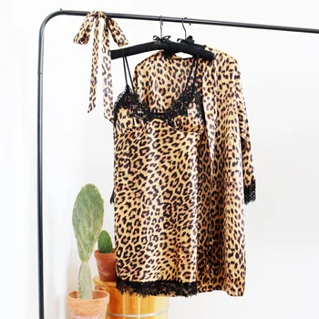 

Sexy Women Sleepwear Nightgown Silk Satin Pajamas Robes Lounge Pyjamas Femme Robes Nightdress Leopard Pijamas Kimono Nightdress