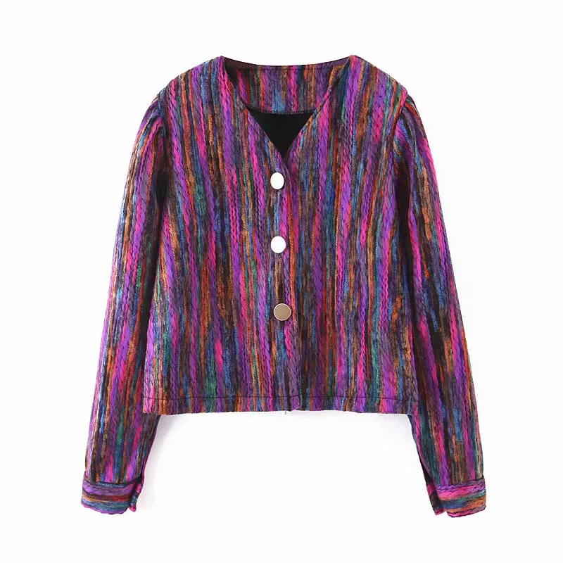 LUNDUNSHIJIA Retro Design Chromatic Rainbow Spell Color Women V-neck Jacket Coat Autumn Fashion Metal Button Outerwear - Цвет: photo color