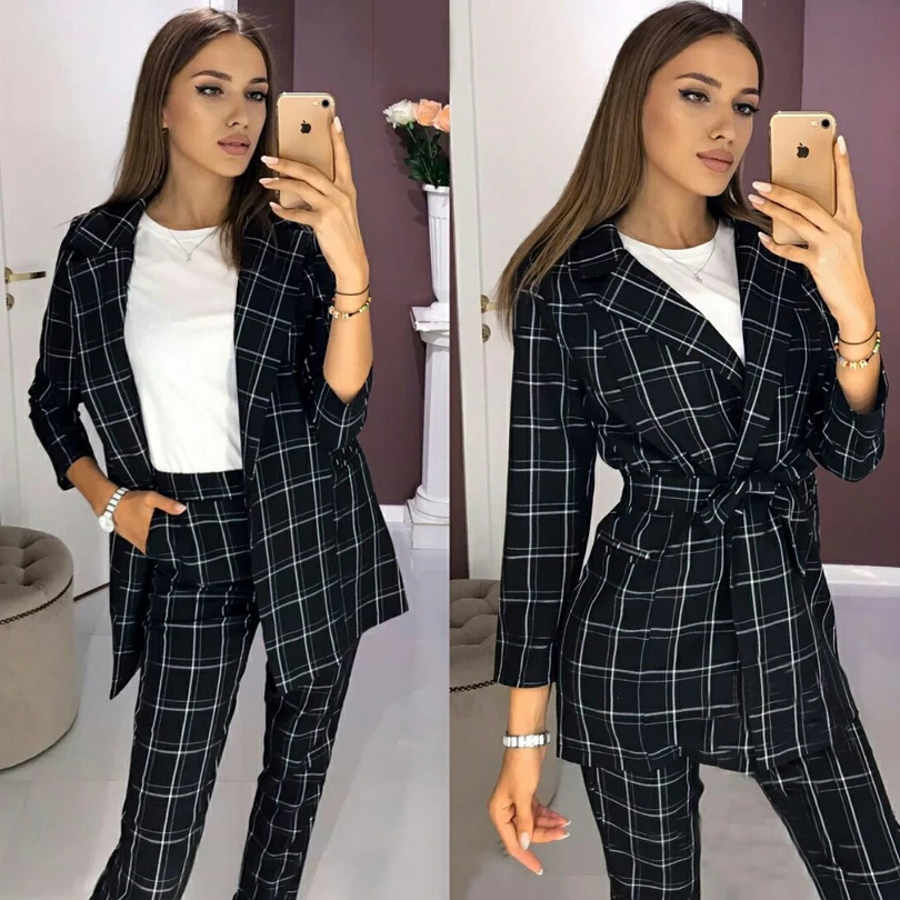 

TAOVK Women's Plaid OL Suit Jacket and Pants Two Pieces Formal Set Notched Collar Belt Blazer Suits