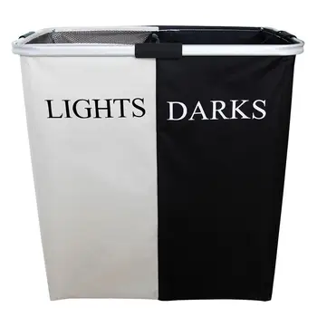 

Aluminum Storage Basket Oxford Cloth Medium-sized Double Compartments Laundry Hamper for Dirty Clothes Folding #4O