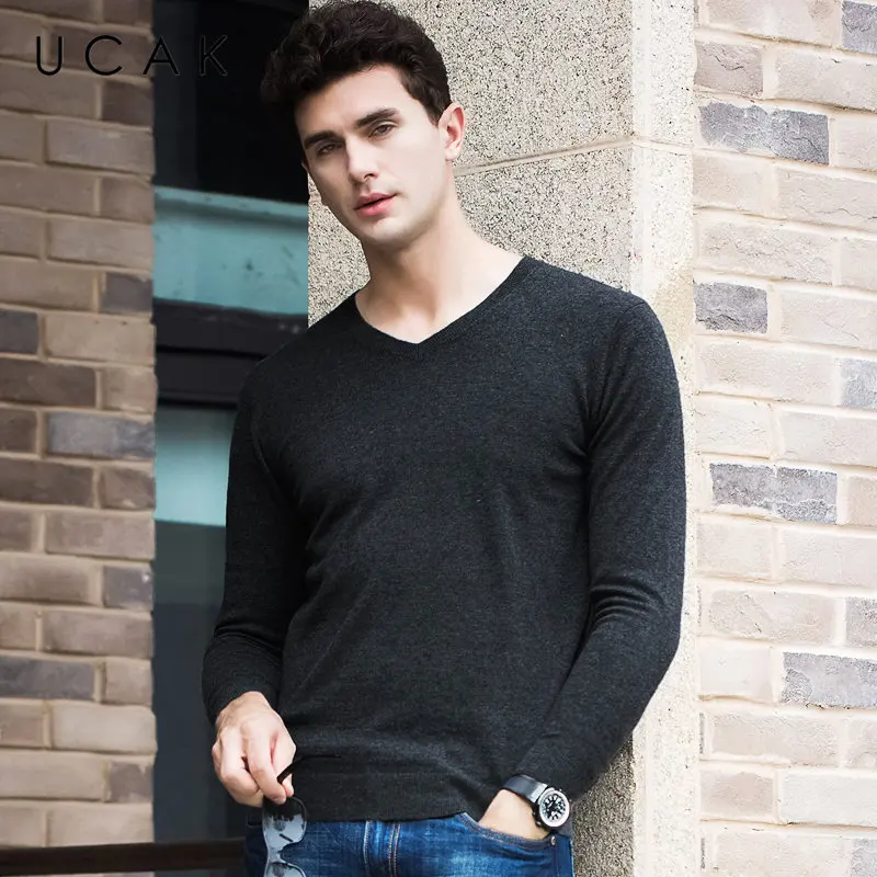UCAK Brand Merino Wool Sweater Men Autumn Winter Cashmere Pullover Men Casual V-Neck Mens Sweaters Pure Color Pull Homme U3054