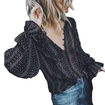 

Womens Plus Size Sexy Button Up V-Neck Blouse Long Balloon Sleeve Translucent Shirts Vintage Black Ruffled Stand Collar Tee Top
