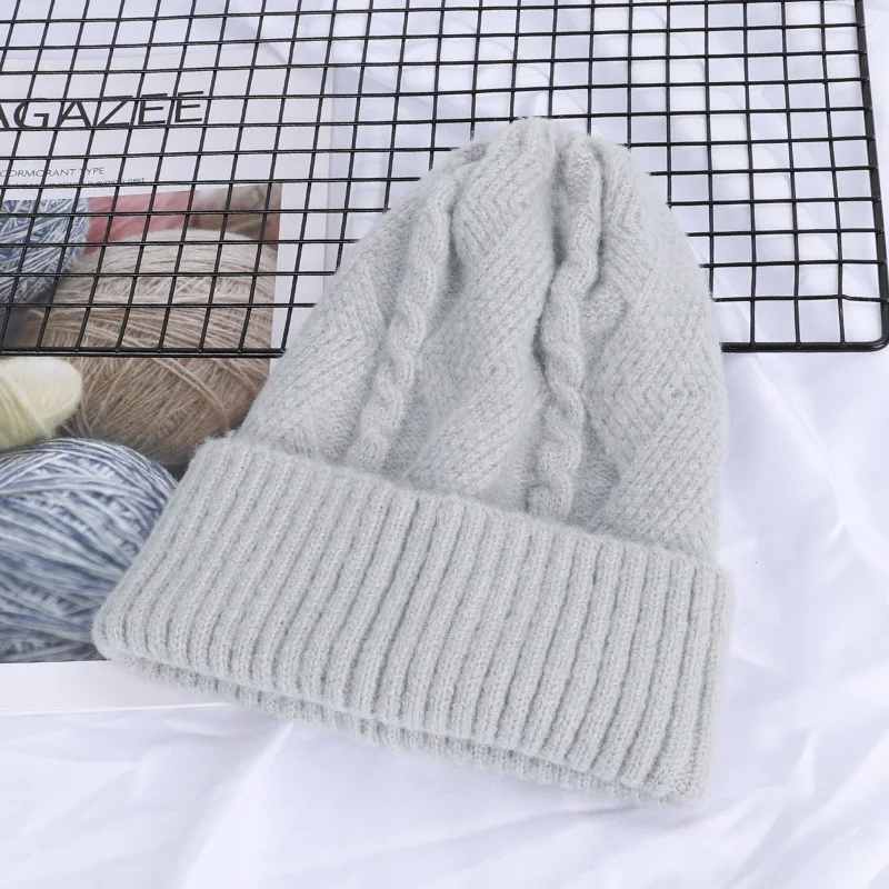 Light gray-1 Однотонная женская вязаная шапка из шерсти, осенние и зимние шапки высокого качества, модная женская теплая хлопковая шапка, Повседневная шапка - Цвет: Light gray-1