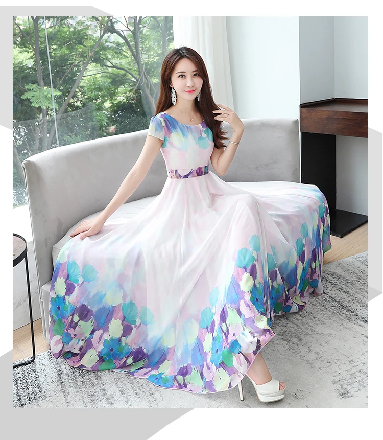 New Style Chiffon Printed One Piece Dress Literature And Art Hipster Long Dress Slimming Short Sleeve Beach Dress Dresses Aliexpress